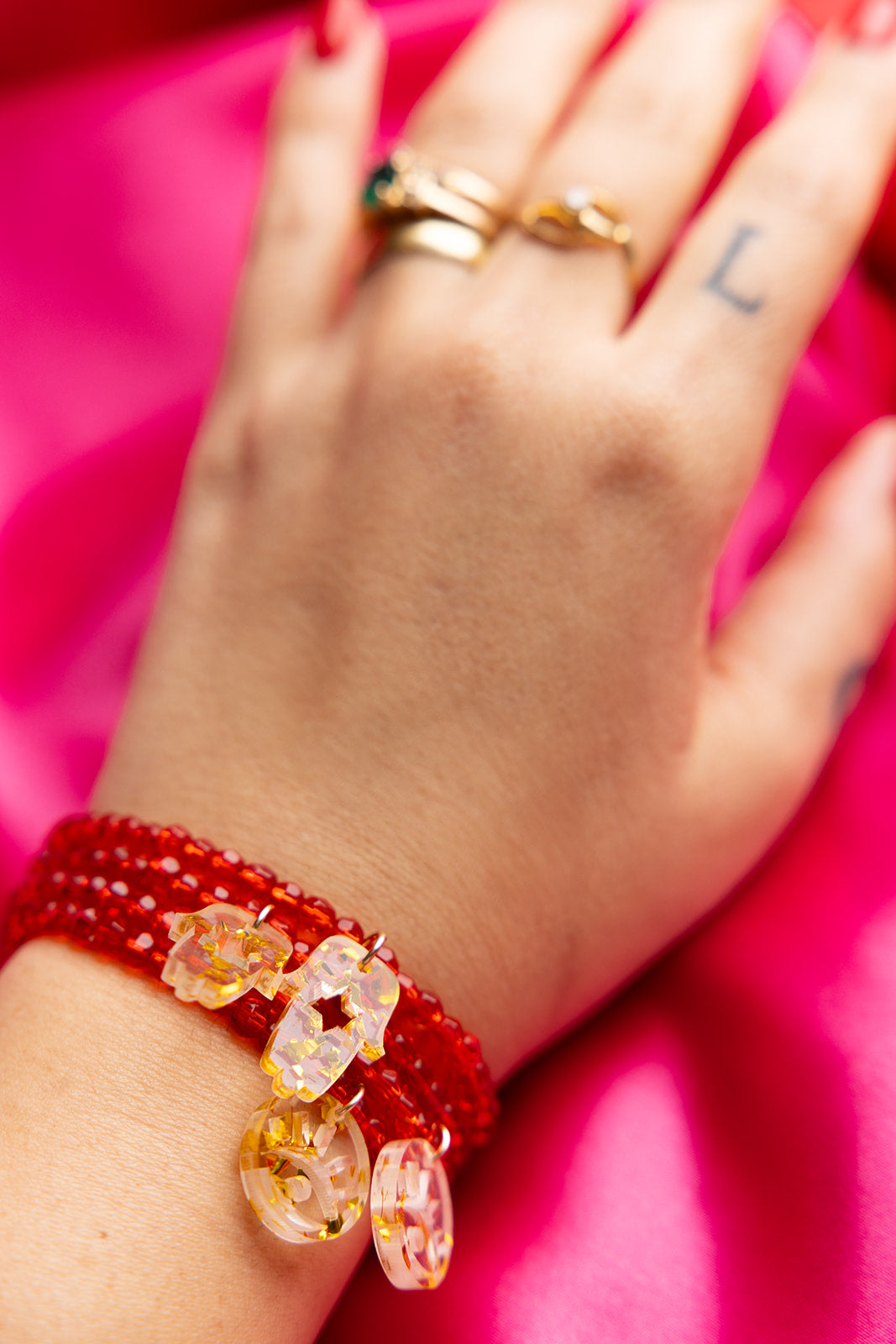 Red Shira Beaded Stretchy Bracelet ( Charm Options! )