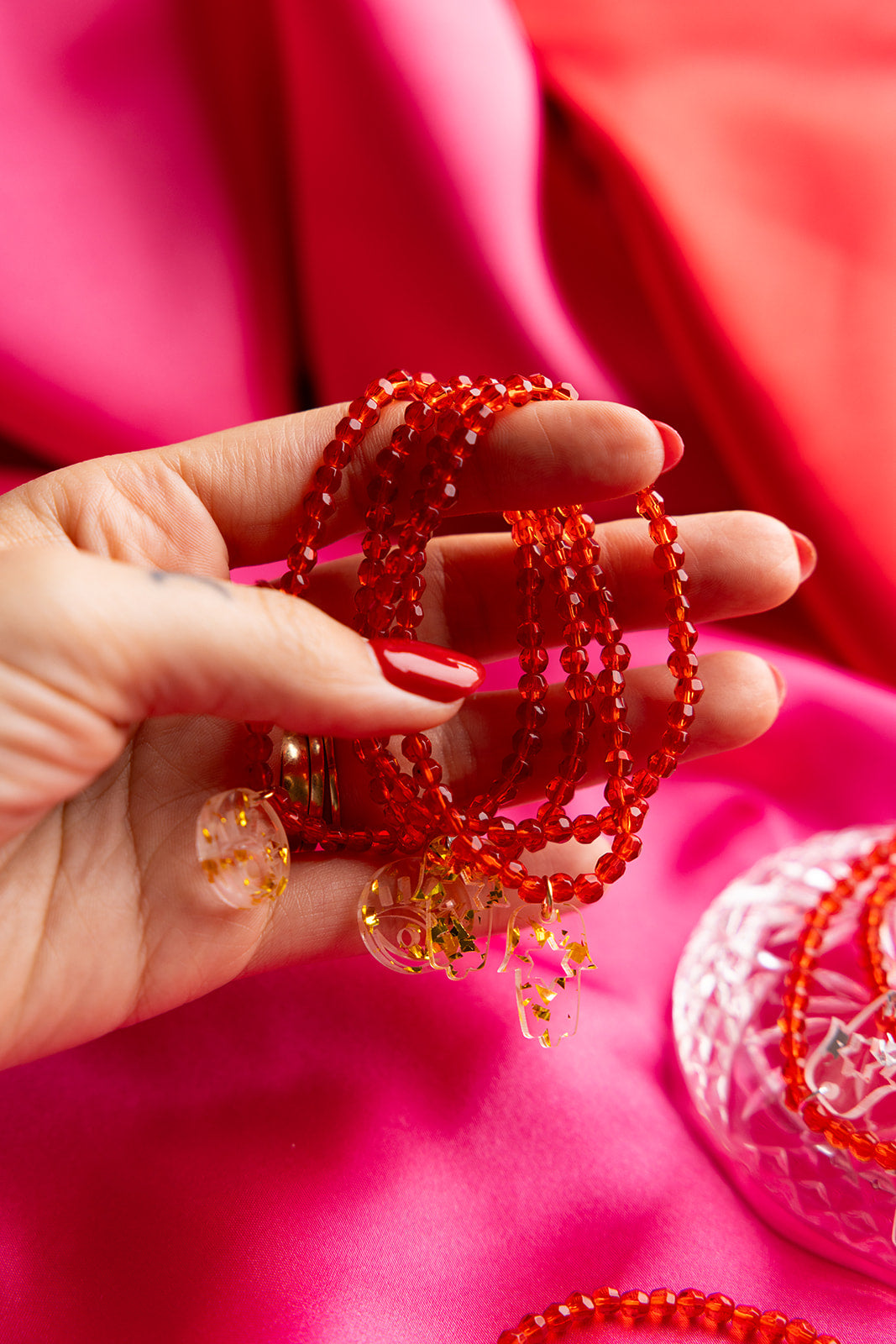 Red Shira Beaded Stretchy Bracelet ( Charm Options! )