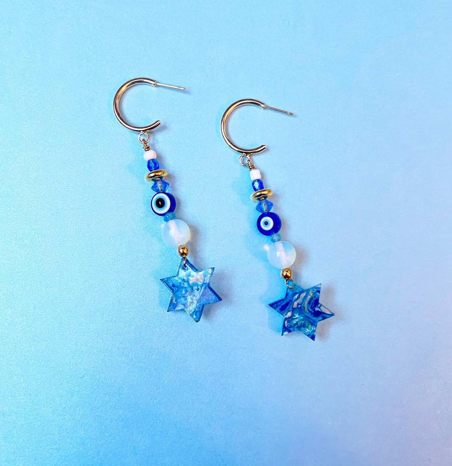 Shalom Beaded Blue Marble Acrylic Open Back Hoop Style Earrings - Israel Fundraiser