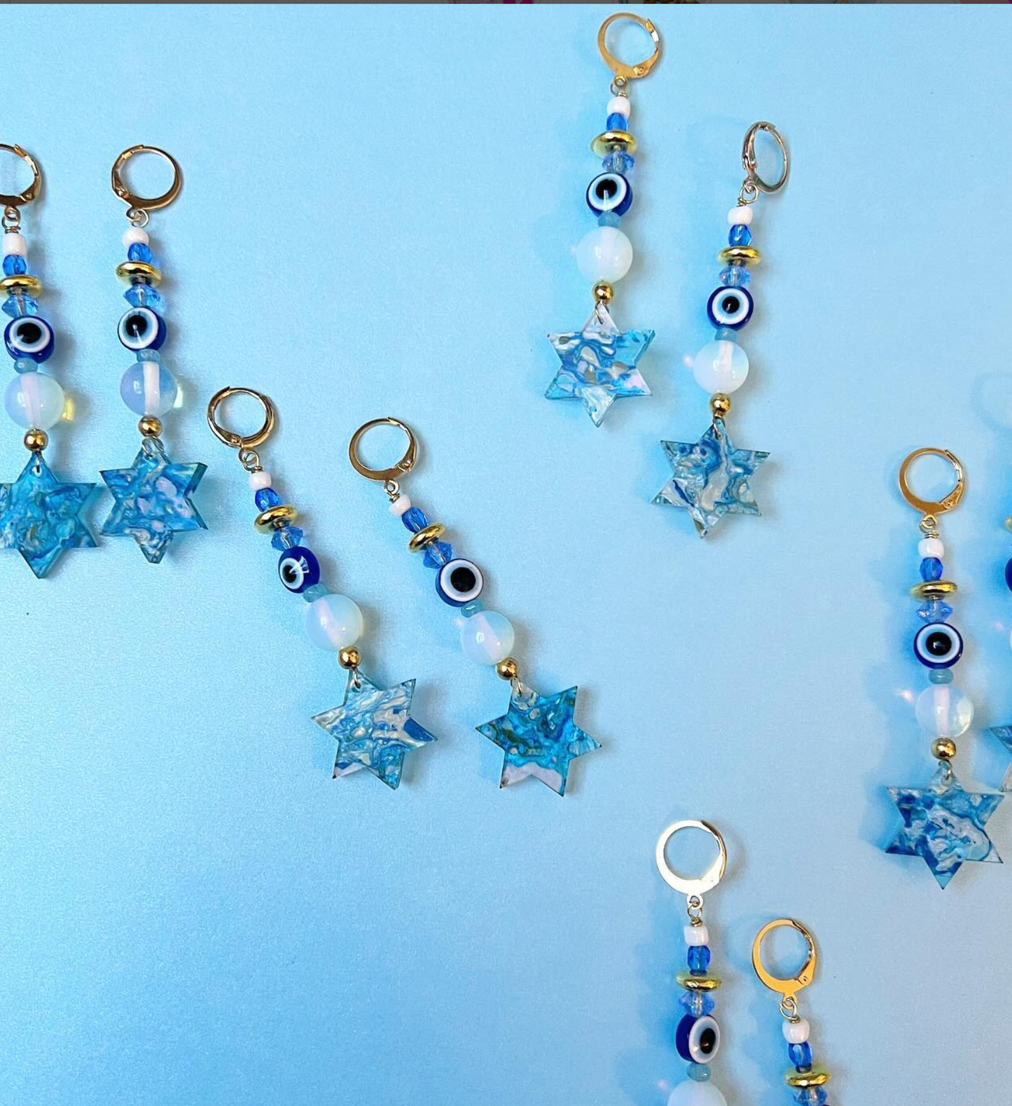 Shalom Beaded Blue Marble Acrylic Huggie Hoop Style Earrings - Israel Fundraiser