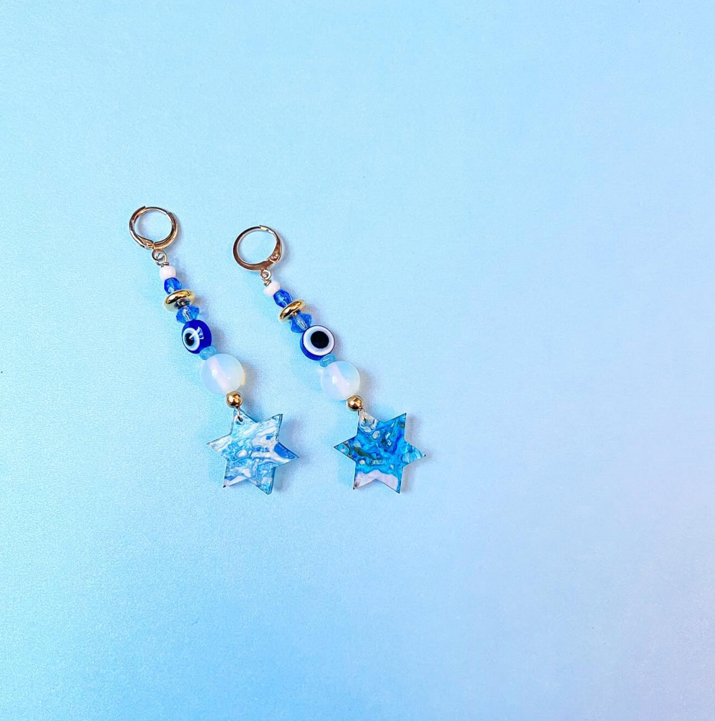 Shalom Beaded Blue Marble Acrylic Huggie Hoop Style Earrings - Israel Fundraiser