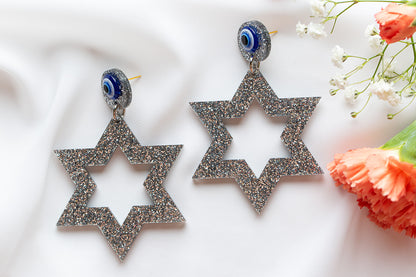 Ester Jewish Star Statement Magen Earrings - Silver Glitter