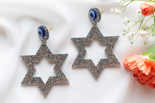Ester Jewish Star Statement Magen Earrings - Silver Glitter