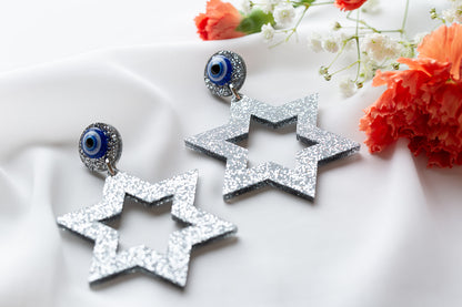 Ester Jewish Star Statement Magen Earrings - Silver Glitter
