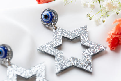Ester Jewish Star Statement Magen Earrings - Silver Glitter