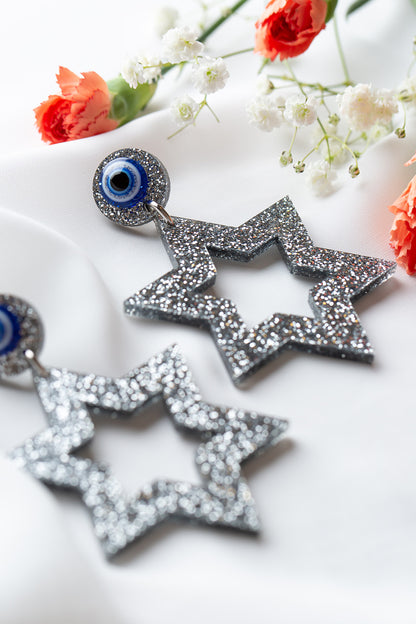 Ester Jewish Star Statement Magen Earrings - Silver Glitter