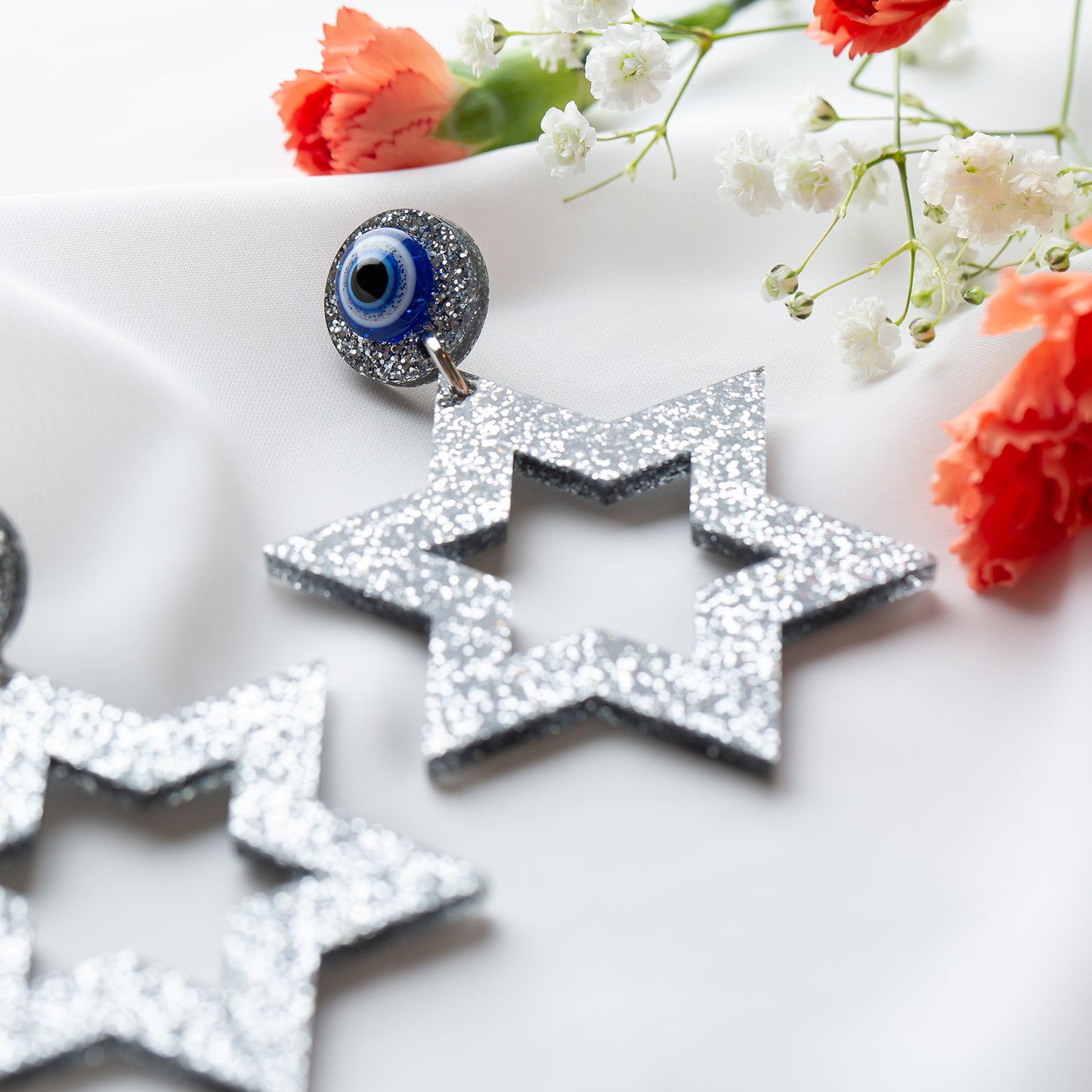 Ester Jewish Star Statement Magen Earrings - Silver Glitter