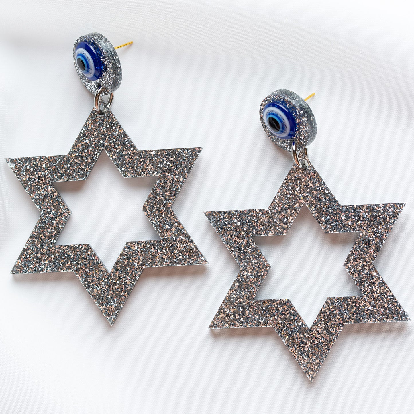 Ester Jewish Star Statement Magen Earrings - Silver Glitter