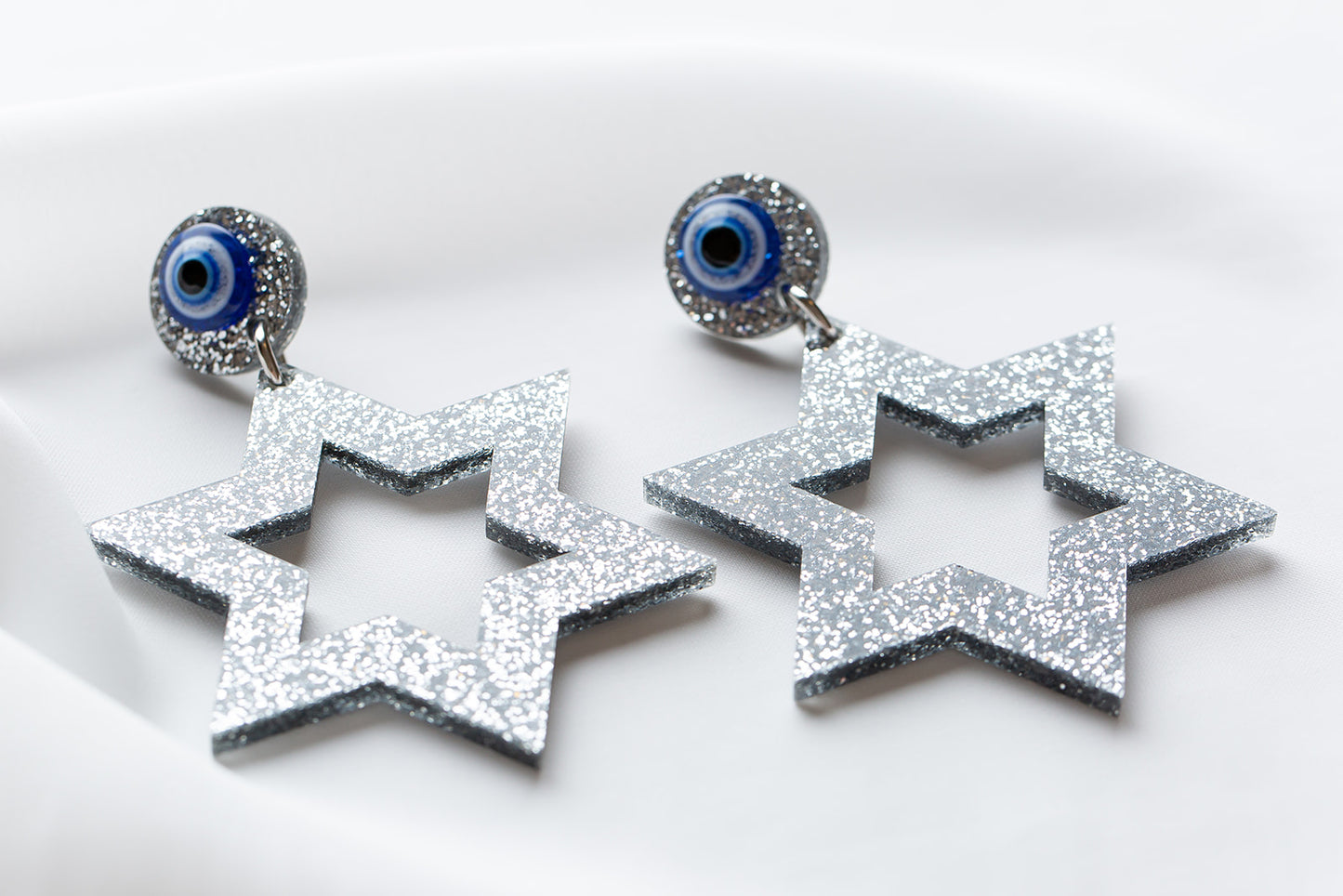 Ester Jewish Star Statement Magen Earrings - Silver Glitter
