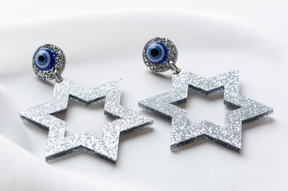 Ester Jewish Star Statement Magen Earrings - Silver Glitter