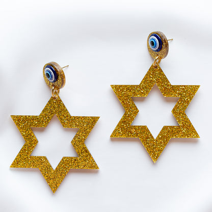 Ester Jewish Star Statement Magen Earrings - Gold Glitter