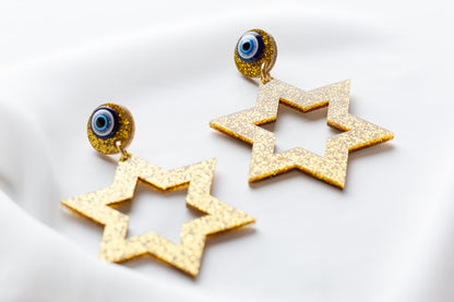 Ester Jewish Star Statement Magen Earrings - Gold Glitter