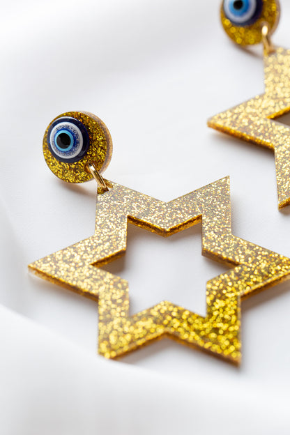 Ester Jewish Star Statement Magen Earrings - Gold Glitter