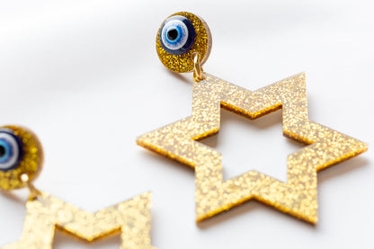 Ester Jewish Star Statement Magen Earrings - Gold Glitter