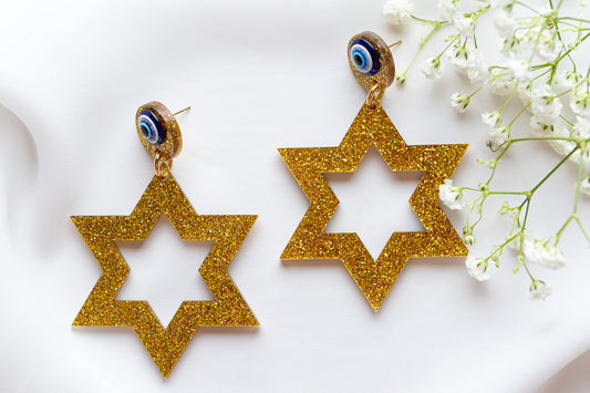 Ester Jewish Star Statement Magen Earrings - Gold Glitter